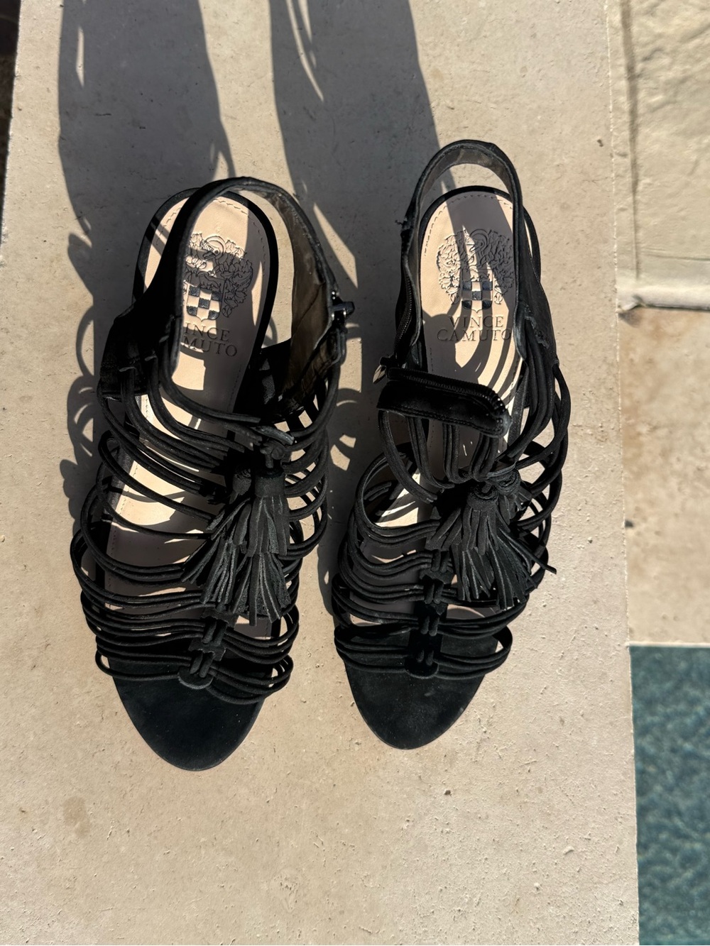 Vince Camuto Black Suede Tassel Gladiator Heels